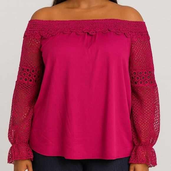 Roaman’s Women’s 14W Magenta Off Shoulder Lace Sleeve Top Plus Size Boho Chic - Picture 1 of 9